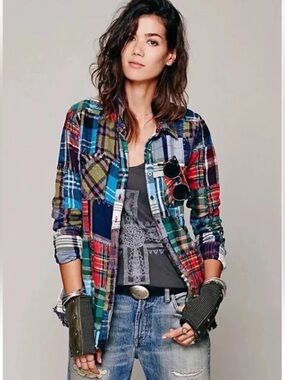 Free People Plaid patchwork we the free Button Shirt Red, Green, Blue crochet